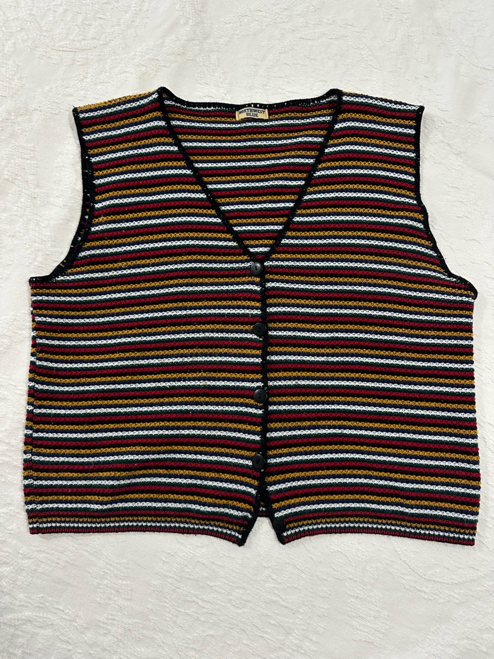 Vintage Northwest Blue Striped Knit Button-Up Vest Black, Red, Yellow, White